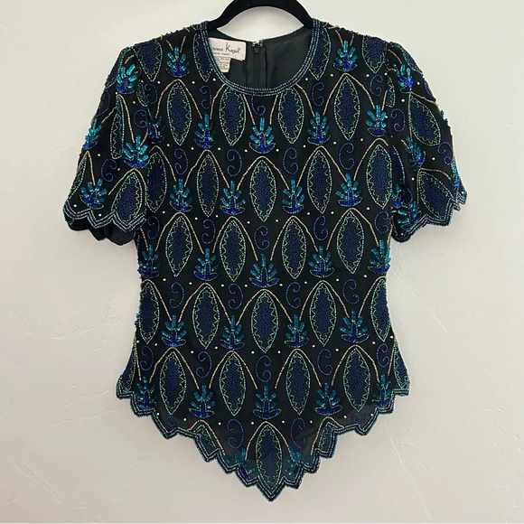 Vintage Silk Beaded Sequin Blouse Laurence Kazar SZ Petite Small Formal Holiday - Picture 1 of 9
